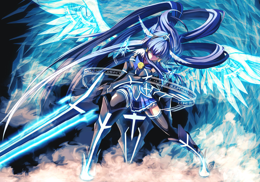 adapted_costume aoki_reika armor armored_dress bad_id bad_pixiv_id blue blue_eyes blue_hair cure_beauty hair_ornament hair_tubes highres long_hair merontomari ponytail precure ribbon skirt smile_precure! solo sword very_long_hair weapon wings