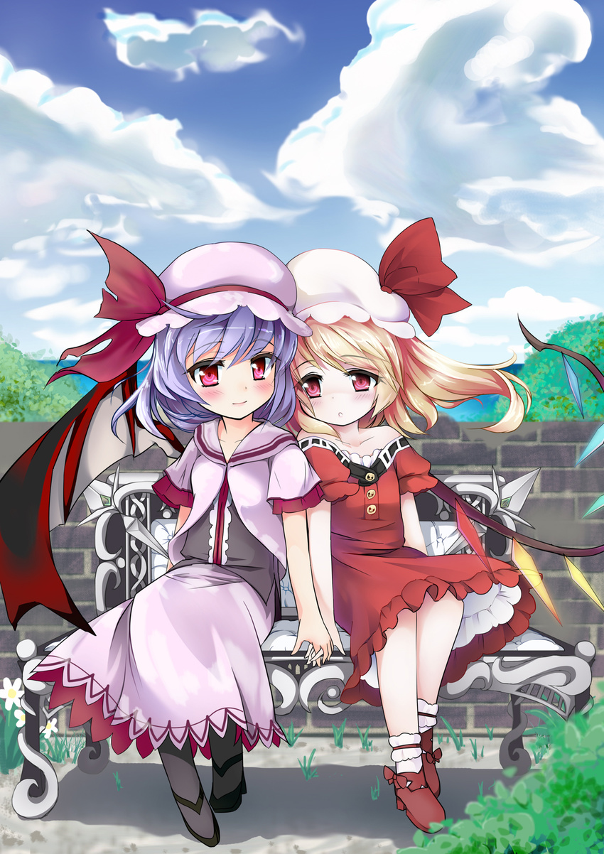 ankle_socks bare_shoulders bat_wings bench blonde_hair blouse blue_sky blush brick_wall buttons cloud collarbone day dress flandre_scarlet flower grass hat hat_ribbon head_to_head highres holding_hands lavender_hair light_smile looking_at_viewer mob_cap multiple_girls natsuya outdoors pantyhose petticoat red_dress red_eyes remilia_scarlet ribbon short_hair short_sleeves siblings side_ponytail sisters sitting skirt sky touhou tree vest wings