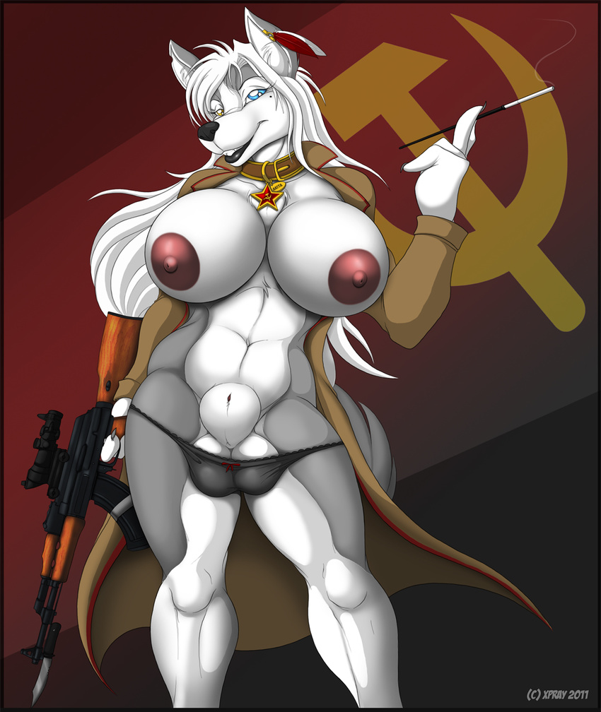 2013 acog ak-47 akita_stromfield areola ball_camel_toe balls bayonet big_breasts black_lips black_nose blue_eyes breasts canine cigarette cigarette_holder claws collar dickgirl dog ear_piercing grey_skin gun hair heterochromia husky intersex jacket lips long_hair looking_at_viewer mammal navel nipples panties penis piercing ranged_weapon rifle russia sheath smile smoke smoking solo underwear ussr weapon white_hair white_skin xpray yellow_eyes