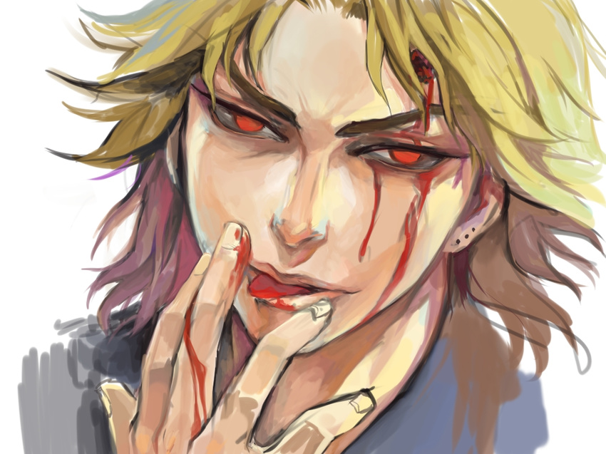 blonde_hair blood dio_brando finger_licking jojo_no_kimyou_na_bouken licking male_focus peninsula_(disappearedstump) red_eyes solo