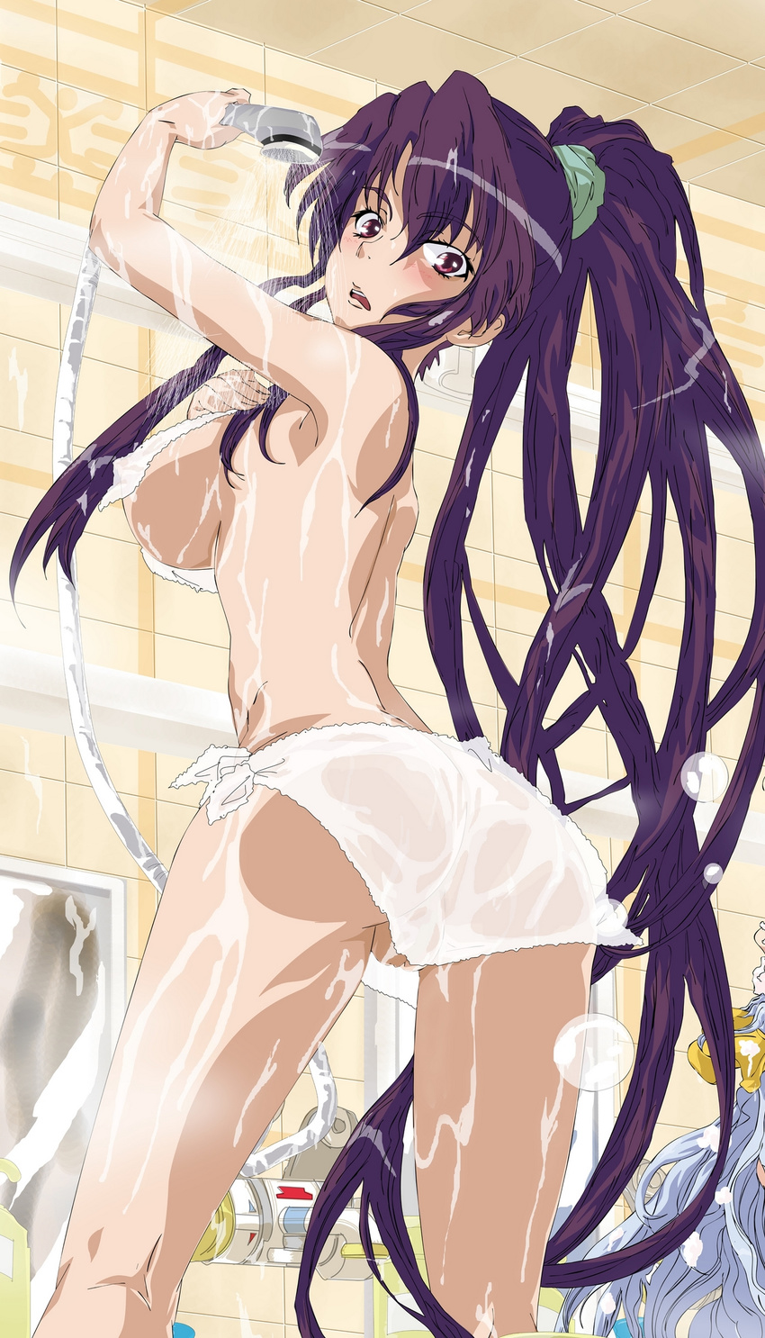 1girl arched_back ass back bathing bathroom blue_hair blush breasts bubble hairband highres kanzaki_kaori large_breasts long_hair long_ponytail looking_back multiple_girls parted_lips ponytail purple_eyes purple_hair see-through shower sideboob solo standing surprised to_aru_majutsu_no_index very_long_hair wet window