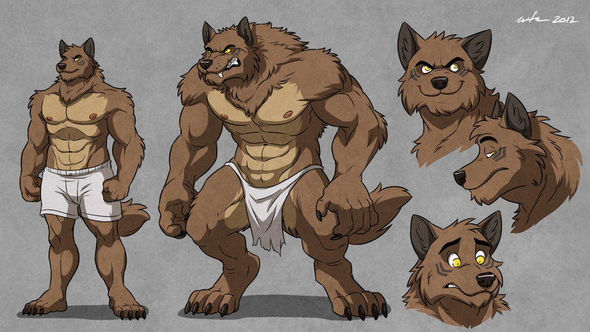 abs anthro biceps big_muscles black_nose boxers brown_fur canine claws clothed clothing fangs fur grin half-dressed handsome inpu loincloth male mammal muscles nipples pecs pose smile solo standing toe_claws topless transformation underwear were werewolf wfa wolf yellow_eyes