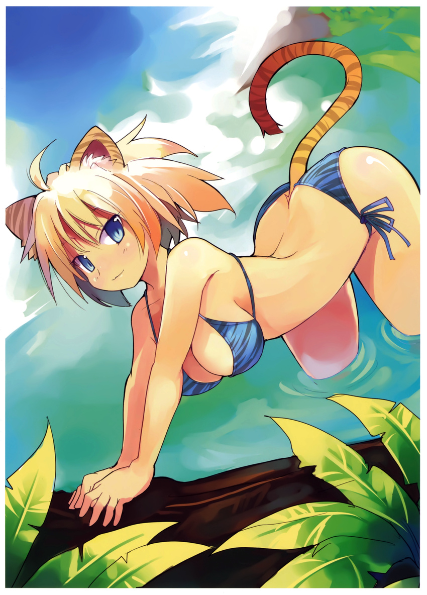 absurdres ahoge animal_ears animal_print arched_back bare_shoulders bent_over bikini blonde_hair blue_bikini blue_eyes breasts butt_crack cleavage dutch_angle highres huge_filesize large_breasts light_smile looking_at_viewer original outstretched_arms scan shibano_kaito short_hair side-tie_bikini solo string_bikini swimsuit tail tiger_ears tiger_print tiger_tail wading water