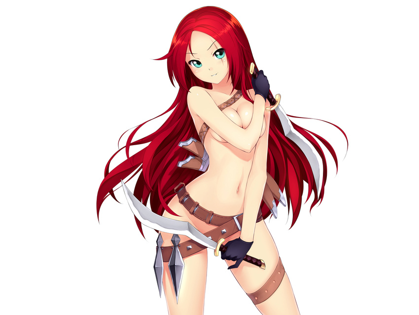 aqua_eyes atomix breasts cleavage gloves katarina league_of_legends long_hair navel no_bra nopan red_hair sword topless weapon white