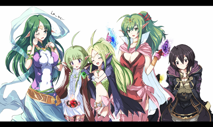 :d ahoge bad_id bad_pixiv_id bad_proportions black_hair blush bow braid breasts cape chiki choker circlet cleavage cloak crying crystal dress echizen_(hvcv) fire_emblem fire_emblem:_kakusei fire_emblem:_monshou_no_nazo flat_chest garter_straps gloves green_eyes green_hair hair_ornament hair_ribbon heart impossible_clothes impossible_jacket impossible_shirt large_breasts letterboxed long_hair mamkute mark_(female)_(fire_emblem) mark_(fire_emblem) midriff multiple_girls naga_(fire_emblem) nn_(fire_emblem) nono_(fire_emblem) open_mouth pants pink_legwear pointy_ears ponytail purple_eyes red_eyes ribbon sash shawl shirt short_hair side_braid side_slit skirt smile tears thighhighs trait_connection translated twin_braids wavy_mouth white_background wince