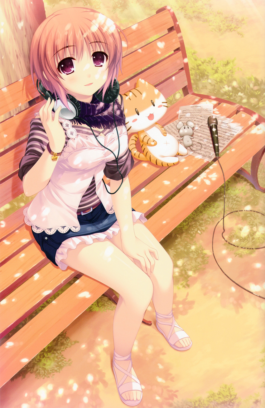 absurdres alpha_(yukai_na_nakamatachi) beamed_eighth_notes belt bench brown_hair camisole camisole_over_clothes casual copyright_request dappled_sunlight denim denim_skirt eighth_note flat_sign frilled_skirt frills half_note headphones headphones_around_neck highres looking_at_viewer microphone musical_note natural_sign purple_eyes quarter_note sandals scarf shade sharp_sign sheet_music shirt short_hair sitting skirt sleeves_rolled_up striped striped_shirt stuffed_animal stuffed_cat stuffed_mouse stuffed_toy sunlight treble_clef