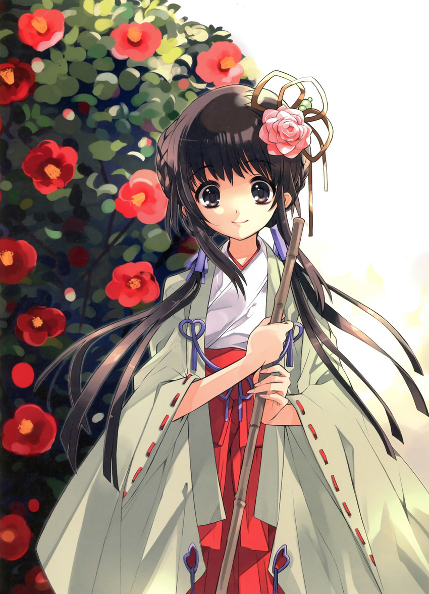 bamboo_broom bangs braid broom brown_eyes brown_hair bush camellia copyright_request flower hair_flower hair_ornament hair_ribbon hakama haori highres itou_noiji japanese_clothes long_hair looking_at_viewer low_twintails miko pink_flower pink_rose red_hakama ribbon ribbon-trimmed_sleeves ribbon_trim rose sidelocks smile solo twintails