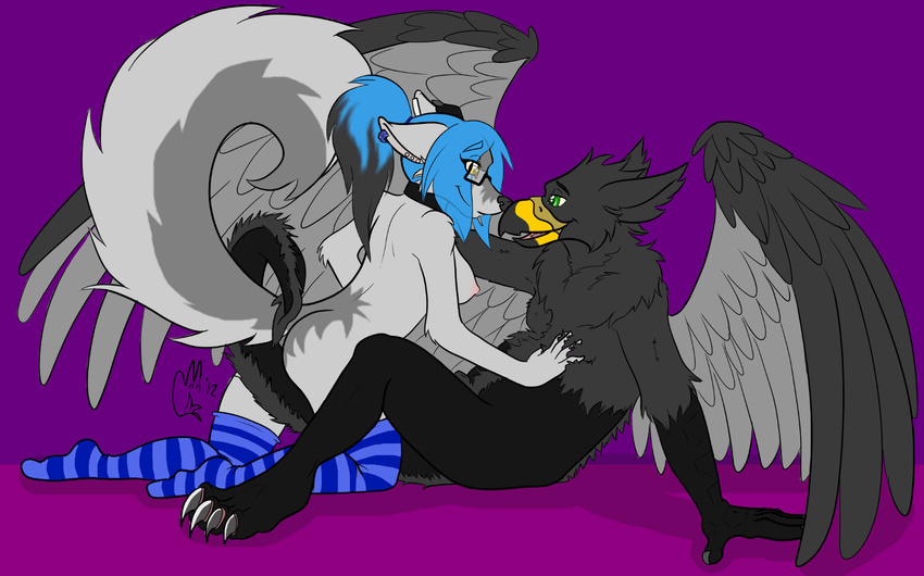 &lt;3 anthro areola avian beak blue_hair breasts canine collar dravian ear_piercing eyewear feathers female flat_colors fox glasses gryphon hair kit legwear long_hair love male mammal nipples nude piercing ponytail sheath silvermidnight silvermidnight_(character) stockings stripes two_tone_hair wings wolf wolfox