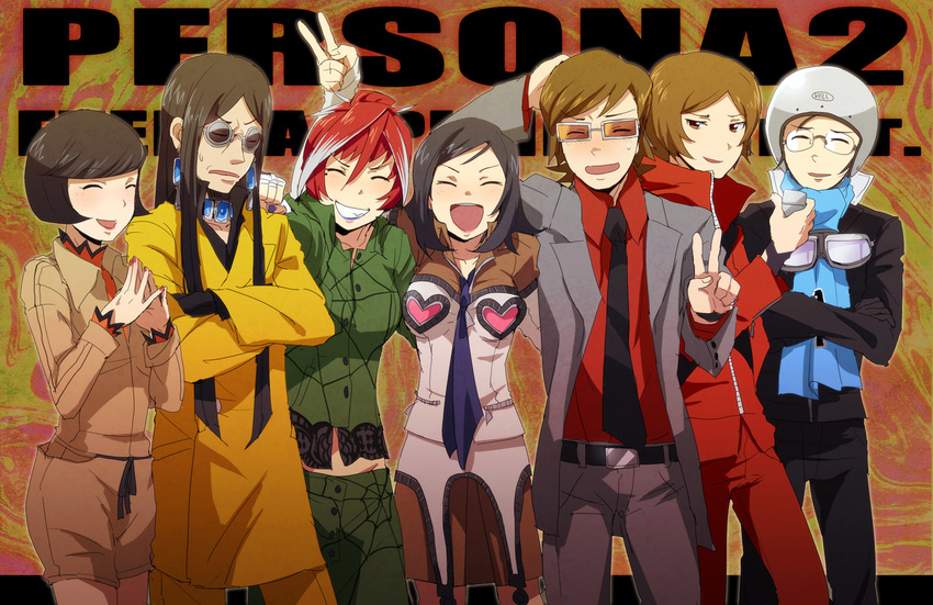 4boys amano_maya baofu black_hair brown_hair kirishima_eriko multiple_boys multiple_girls nanjou_kei persona persona_2 red_hair serizawa_ulala suou_katsuya suou_tatsuya u-ka_(pixiv5407) v