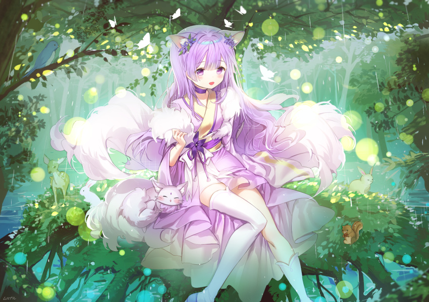 :d animal animal_ear_fluff animal_ears asymmetrical_legwear bird bluebird blush bunny choker commission day fawn fox fox_ears fox_girl fox_tail fur_trim highres japanese_clothes kimono kitsune kneehighs long_hair mullpull open_mouth original outdoors purple_choker purple_eyes purple_hair purple_kimono rain single_kneehigh single_thighhigh sitting smile solo squirrel tail thighhighs tree very_long_hair water white_legwear