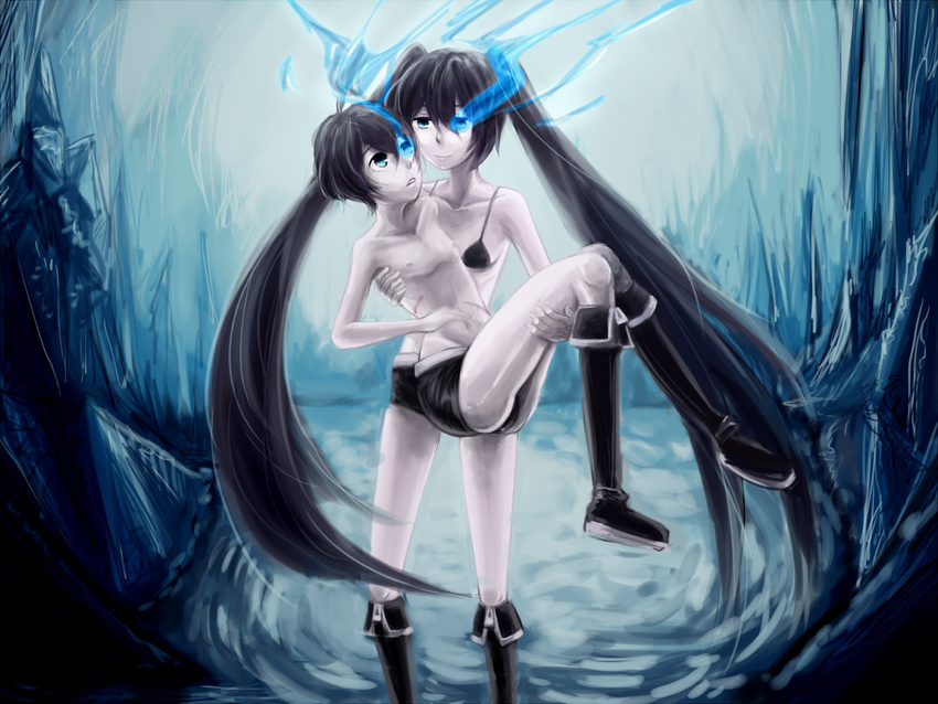 1girl ahoge bikini_top black_hair black_rock_shooter black_rock_shooter_(character) blue_eyes dual_persona genderswap glowing glowing_eye highres long_hair navel pale_skin pltrgst role_reversal scar shirtless short_hair short_shorts shorts skinny twintails very_long_hair