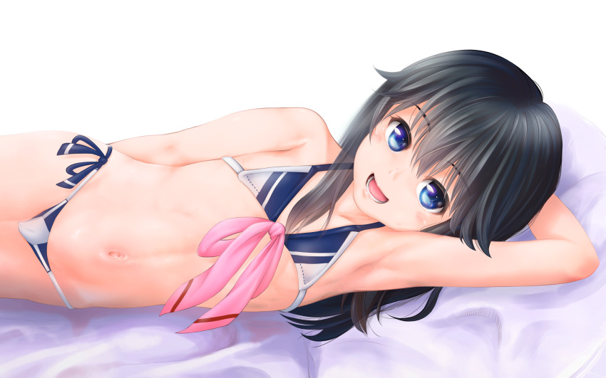 1girl arm_up armpits bangs bikini black_hair blue_eyes blush bow cameltoe chakabo eyebrows_visible_through_hair flat_chest hair_between_eyes highres long_hair looking_at_viewer lying navel on_side open_mouth original pink_bow see-through side-tie_bikini solo swimsuit white_background