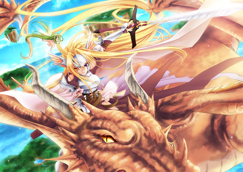 bicolored_eyes blonde_hair dragon fairy gray_hair miyako910724 original sword weapon