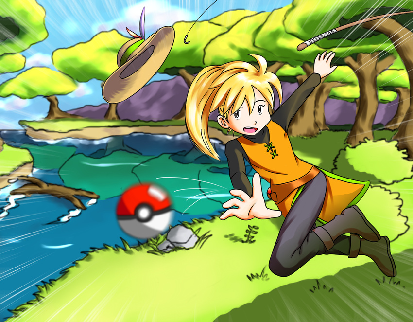 belt blonde_hair emphasis_lines fishing_rod forest hat long_hair motion_blur nature pants poke_ball pokemon pokemon_special ponytail river sig_(sfried) smile solo tree yellow_(pokemon)