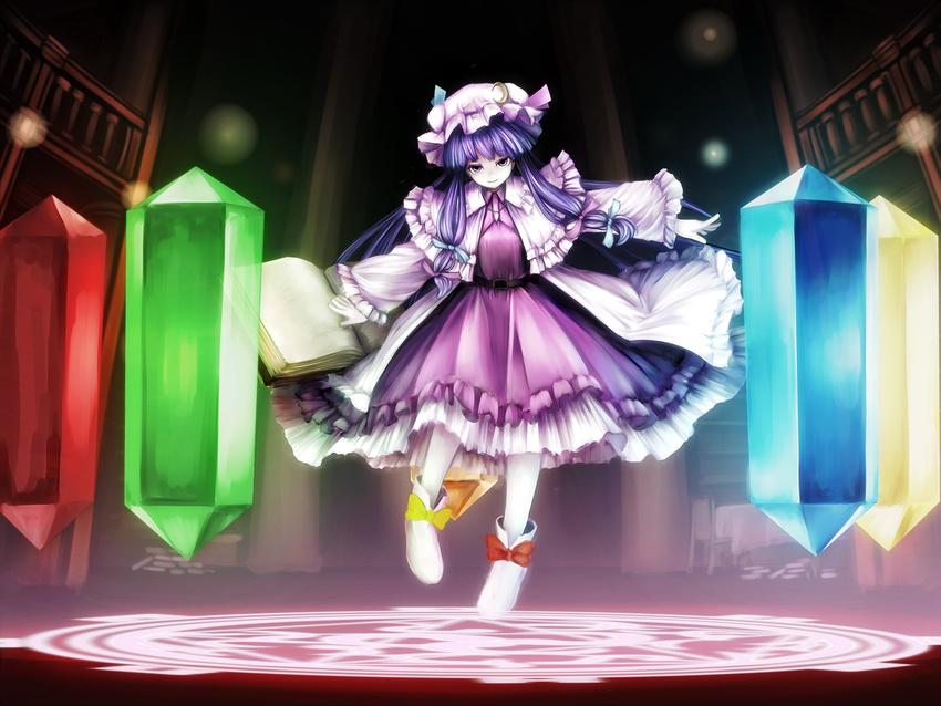 bad_id bad_pixiv_id book bow crescent crystal dress floating floating_book floating_object frills glowing hat long_hair magic_circle nishi_masakazu open_book outstretched_arms patchouli_knowledge philosopher's_stone purple_eyes purple_hair ribbon shoe_ribbon shoes smile solo touhou