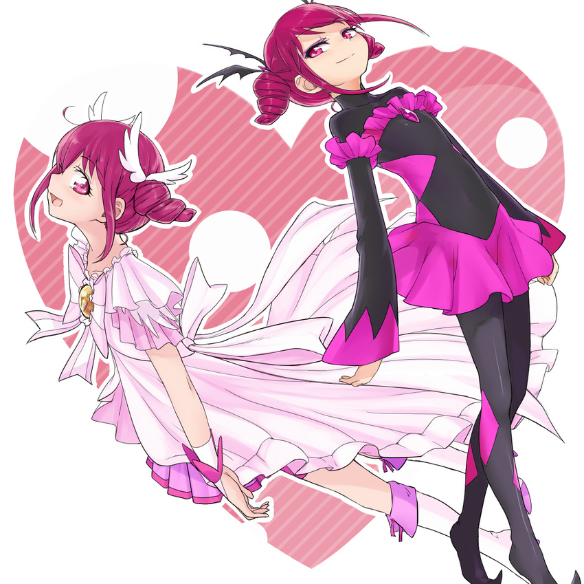 bad_end_happy bad_end_precure bodysuit cure_happy dark_persona dress dual_persona gloves highres hoshizora_miyuki image_sample long_hair md5_mismatch multiple_girls pink pink_eyes pink_hair pixiv_sample precure princess_form_(smile_precure!) skirt smile smile_precure! twintails yuucho