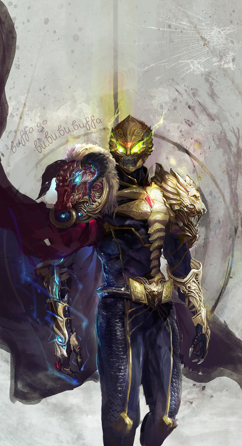 armor bad_id bad_pixiv_id belt buffalo cape capelet cheng_c compound_eyes glowing glowing_eyes highres horns jewelry kamen_rider kamen_rider_beast kamen_rider_wizard_(series) lion male_focus mask ring solo
