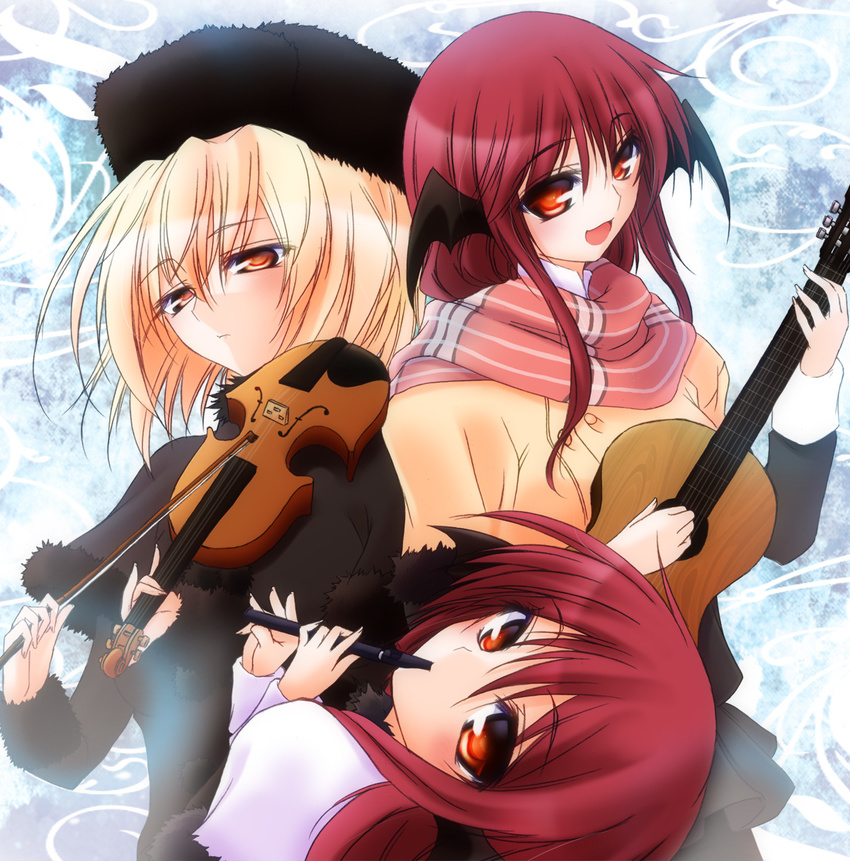 blonde_hair blue_background bow_(instrument) clone coat commentary_request flute fur_hat fur_trim guitar hat hazuki_kasane head_wings highres instrument koakuma leaning long_hair looking_at_viewer looking_back lunasa_prismriver multiple_girls pantyhose red_eyes red_hair scarf short_hair skirt touhou vest violin yellow_eyes