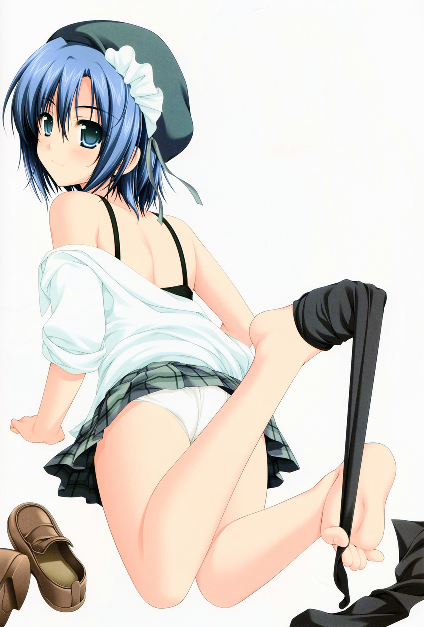 absurdres alpha_(yukai_na_nakamatachi) barefoot between_toes black_bra black_legwear blue_eyes blue_hair bra copyright_request fang fang_out feet hat highres legs loafers panties plaid plaid_skirt shirt_pull shoes shoes_removed short_hair skirt skirt_lift sleeves_rolled_up soles solo thighhighs thighhighs_pull toes underwear undressing white_panties