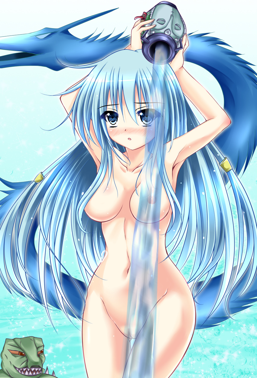 armpits arms_up bangs blue_eyes blue_hair blush breasts collarbone dragon duel_angel duel_monster eria eyes_visible_through_hair fangs gigobyte highres holding long_hair looking_at_viewer medium_breasts navel nipples nude pot pot_of_duality pouring pussy red_eyes transparent uncensored water water_omotics yuu-gi-ou