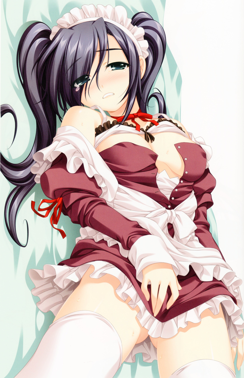 absurdres alpha_(yukai_na_nakamatachi) ass_visible_through_thighs black_hair breasts copyright_request covering covering_crotch d: dress green_eyes highres lying maid maid_headdress medium_breasts no_bra open_clothes open_dress open_mouth solo tears thighhighs white_legwear