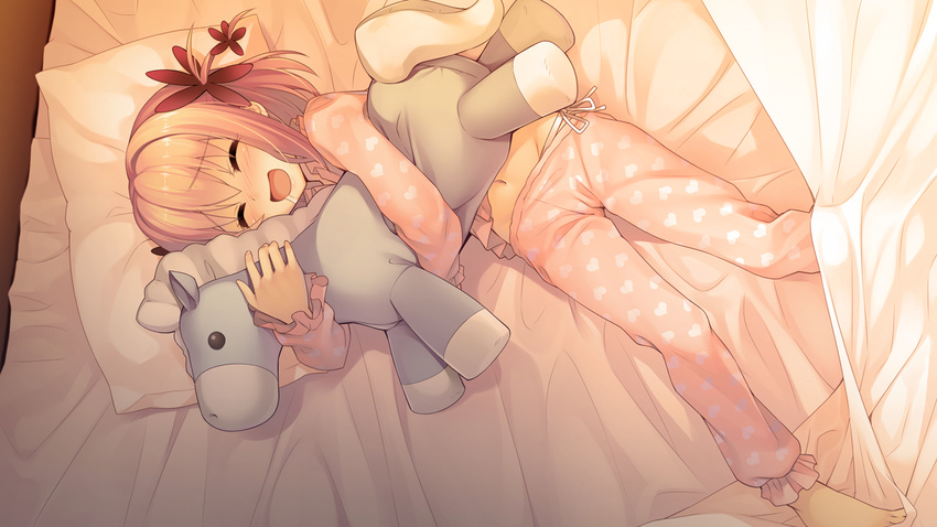 :d ^_^ barefoot bed closed_eyes doll_hug drooling flower furoyamachi_neko game_cg hair_flower hair_ornament heart heart_print lying midriff navel open_mouth pajamas pillow pink pink_hair pink_pajamas print_pajamas saliva sleeping smile solo stuffed_animal stuffed_donkey stuffed_toy tokeijikake_no_ley_line urabi_(tomatohouse)