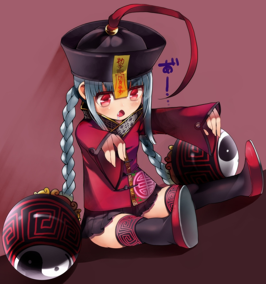 ball blush braid drooling grey_hair hat highres jiangshi long_hair nishiide_kengorou ofuda open_mouth original outstretched_arms red_eyes saliva sitting skirt solo twin_braids zombie_pose