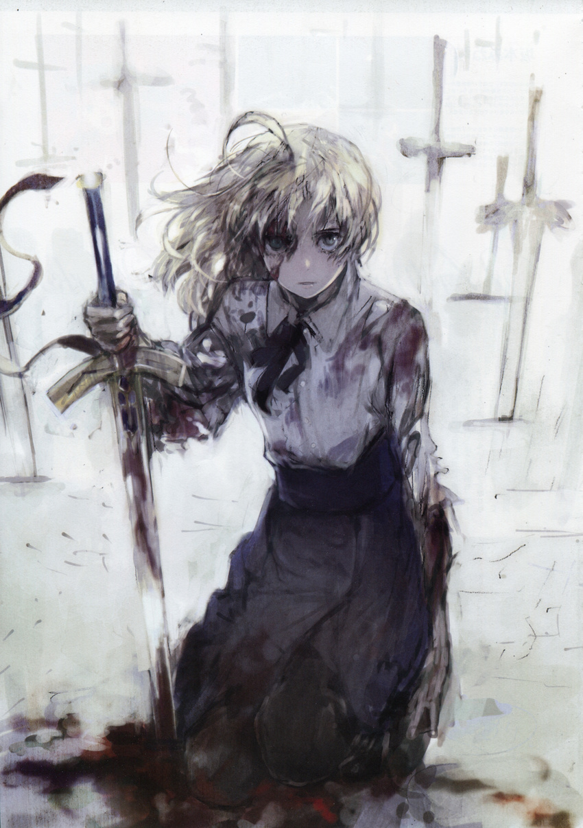 absurdres ahoge artoria_pendragon_(all) black_hair blonde_hair blood blood_on_face fate/stay_night fate_(series) field_of_blades highres pantyhose planted_sword planted_weapon saber short_hair skirt snow solo sword toi8 weapon