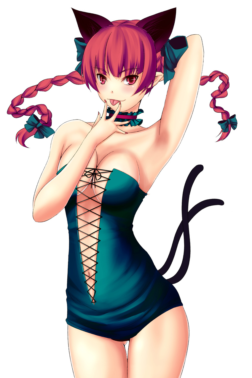 absurdres alternate_costume animal_ears arm_up armpits bare_shoulders blush bow braid breasts cat_ears cat_tail choker cleavage dress extra_ears green_dress hair_bow hand_behind_head highres kaenbyou_rin large_breasts long_hair looking_at_viewer midriff multiple_tails navel nekomata pointy_ears red_eyes red_hair ribbon_choker sleeveless sleeveless_dress solo strapless strapless_dress tail tongue tongue_out touhou twin_braids untsue