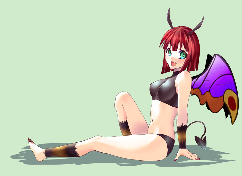 arm_support blush bob_cut breasts demon_tail green_background green_eyes horns long_toenails medium_breasts midriff monster_farm nail_polish navel night_flyer_(monster_farm) open_mouth red_hair shadow short_hair simple_background sitting solo tail toenails wings yakou_(innocent_chapel)
