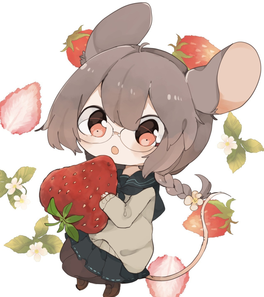 1girl animal_ears braid byako_(srktn) chibi flower food fruit glasses hair_flower hair_ornament highres holding minigirl miniskirt mouse_ears mouse_girl open_mouth original pleated_skirt school_uniform single_braid skirt solo strawberry sweater tail thighhighs