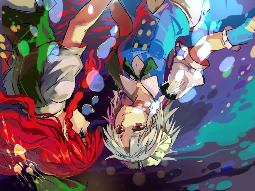 blue_eyes bubble hat hat_removed headwear_removed hong_meiling izayoi_sakuya long_hair maid_headdress multiple_girls peninsula_(disappearedstump) red_eyes red_hair short_hair silver_hair touhou underwater upside-down