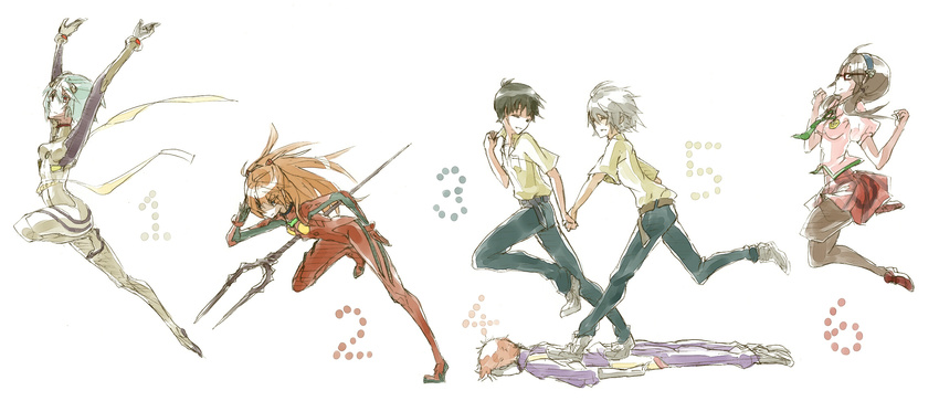 2boys 3boys 3girls ayanami_rei character_request ikari_shinji makinami_mari_illustrious multiple_boys multiple_girls nagisa_kaworu neon_genesis_evangelion plugsuit rebuild_of_evangelion simple_background soryu_asuka_langley suzuhara_touji white_background