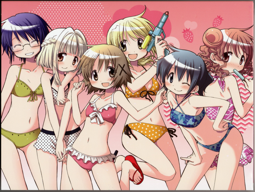 6+girls :d absurdres aoki_ume bandeau bikini blonde_hair blue_hair blush braid brown_hair criss-cross_halter double_bun eyes_closed feet flip-flops food frilled_bikini frills front-tie_top fruit glasses hair_ornament hairpin half_updo halter_top halterneck hidamari_sketch highres hiro miyako multiple_girls navel nazuna nori open_mouth pink_hair polka_dot polka_dot_bikini polka_dot_swimsuit popsicle sae sandals short_hair side-tie_bikini smile strawberry swimsuit toes water_gun wink yuno