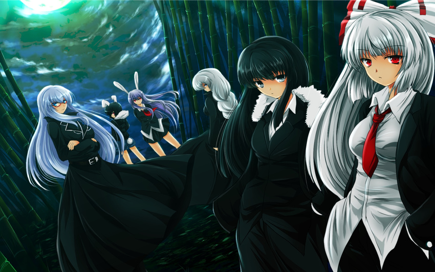 animal_ears arms_behind_back ascot bamboo bamboo_forest belt bespectacled black_hair blue_eyes braid breast_hold breasts bunny_ears contemporary crossed_arms dress_shirt forest formal fujiwara_no_mokou glasses grey_eyes hair_ribbon hands_in_pockets highres houraisan_kaguya imperishable_night inaba_tewi jacket kamishirasawa_keine lavender_hair long_hair multiple_girls nature necktie nekominase no_hat no_headwear red-framed_eyewear red_neckwear reisen_udongein_inaba ribbon shirt short_hair shorts silver_hair skirt suit touhou trench_coat yagokoro_eirin