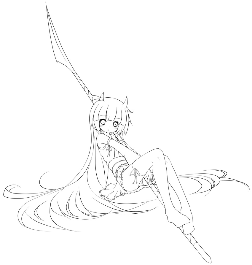 absurdres bad_id bad_pixiv_id blush greyscale highres hinomoto_oniko horns lineart long_hair mikuma_folgore monochrome original panties solo thighhighs underwear very_long_hair weapon