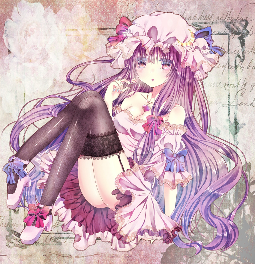 bad_id bad_pixiv_id bare_shoulders black_legwear blush breasts candy cleavage crescent dress food garter_straps ginzuki_ringo hat heart heart_necklace highres lollipop long_hair medium_breasts patchouli_knowledge purple_eyes purple_hair solo thighhighs touhou very_long_hair