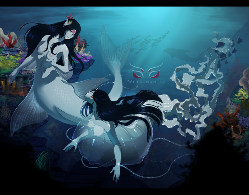 antennae black_hair blue_skin breasts brown_eyes female hair jellyfish long_hair looking_down looking_up marine mermaid navel nipples nude smile underwater water whitemantis