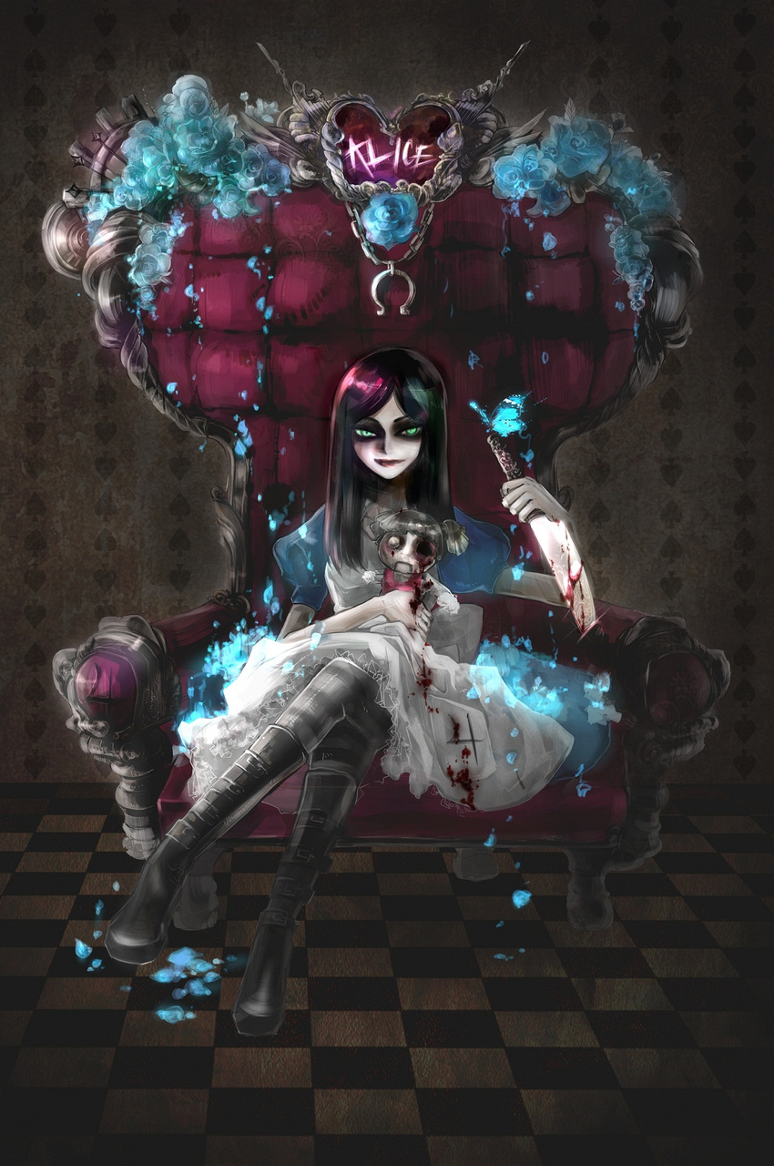 1girl alice:_madness_returns alice_(wonderland) alice_in_wonderland alice_liddell american_mcgee's_alice american_mcgee's_alice apron black_hair blood boots butterfly chair doll dress flower green_eyes hara highres insect insext knife legs_crossed long_hair looking_at_viewer pale_skin rose sitting skirt smile solo striped striped_legwear striped_stockings thighhighs