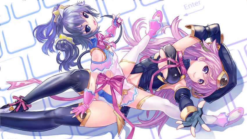 armpits ass black_legwear blue_eyes breasts butt_crack chaos;head character_request chikokuma covered_nipples elbow_gloves fingerless_gloves gloves hat highres long_hair lying medium_breasts multiple_girls panties pink_hair purple_eyes purple_hair straddling thighhighs underboob underwear white_legwear white_panties