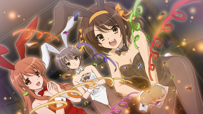:d animal_ears artist_request asahina_mikuru bare_shoulders bow bowtie breasts brown_eyes brown_hair bunny_ears bunny_girl bunny_tail bunnysuit cleavage collarbone confetti detached_collar dutch_angle game_cg grey_hair hair_ribbon hairband hands_together highres long_hair looking_at_viewer medium_breasts multiple_girls nagato_yuki official_art open_mouth orange_hairband pantyhose party_popper ribbon short_hair smile streamers suzumiya_haruhi suzumiya_haruhi_no_shoushitsu suzumiya_haruhi_no_tsuisou suzumiya_haruhi_no_yuuutsu tail wrist_cuffs