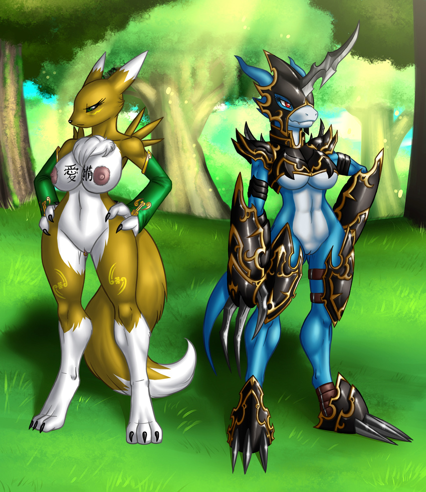 armor big_breasts black_sclera breasts canine chest_tuft claws clitoris crovirus digimon dragon duo elbow_gloves female flamedramon fluffy_tail fox fur gloves green_eyes kanji looking_away mammal markings nipples nude piercing pussy red_eyes renamon standing straps tattoo thigh_gap toe_claws tree tuft