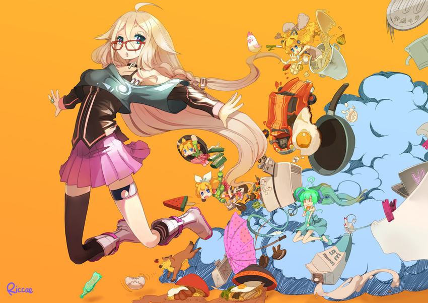 4girls ? ahoge baseball bird bottle car carrot chicken clock clothes_pin coin computer cookie dog egg explosion food frying_pan glasses ground_vehicle hatsune_miku ia_(vocaloid) jumping kagamine_len kagamine_rin laptop laundry long_hair milk milk_carton motor_vehicle multiple_girls nihonbashi_koukashita_r_keikaku_(vocaloid) noodles orange_background ramen refrigerator riccae seeu spring_onion umbrella very_long_hair vocaloid