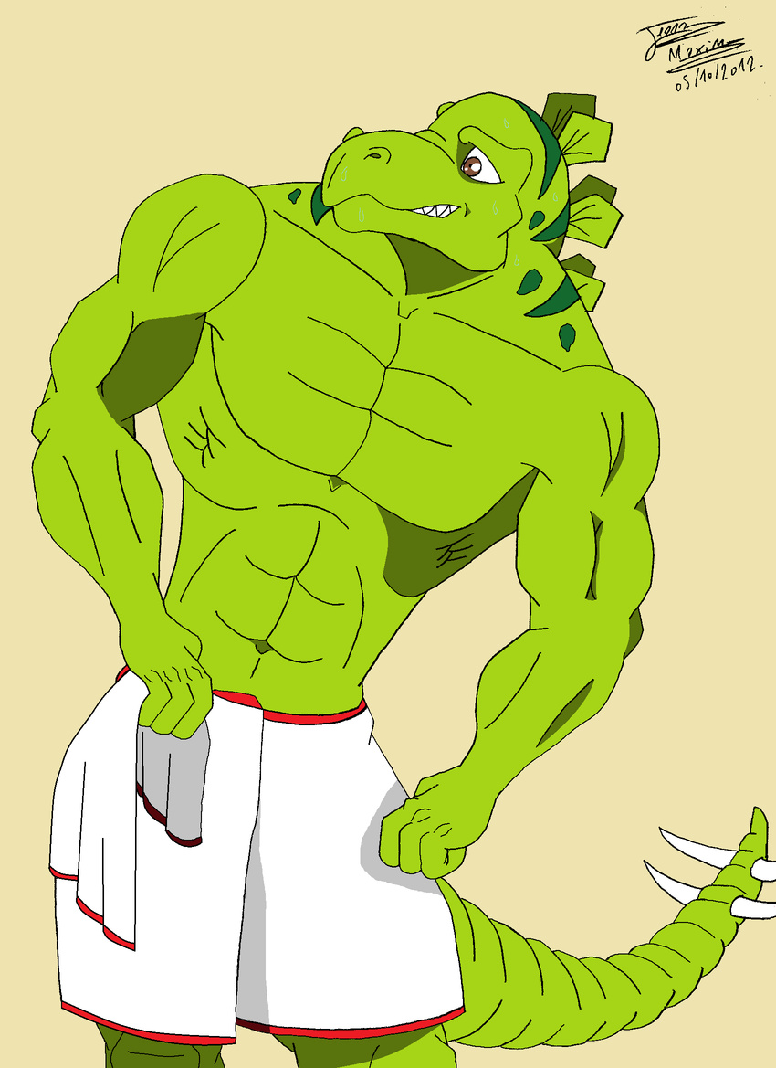abs anthro biceps brown_eyes dinosaur extreme_dinosaurs green_skin male maxime-jeanne muscles pecs pose reptile sauropod scales scalie solo standing stegosaurus stegz_(extreme_dinosaurs) topless towel