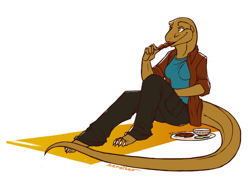 breasts clothed clothing eating female jenny_(slither) komodo_dragon lizard monitor_lizard pants reptile satay scalie sefeiren shirt sitting solo yellow_eyes