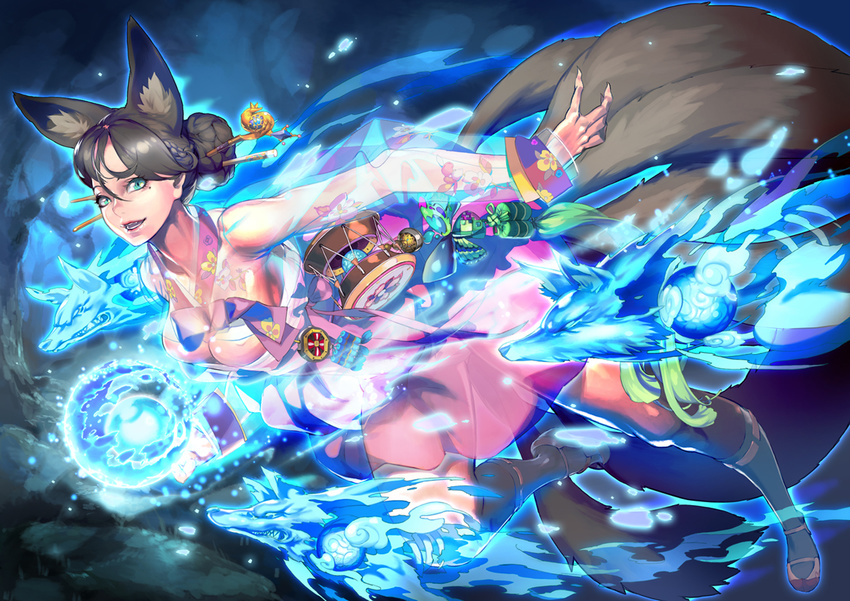 :d ahri alternate_costume alternate_eye_color alternate_hairstyle animal_ears aqua_eyes bangs black_hair blue_fire braid breasts bug butterfly claws dynasty_ahri fangs fire fox fox_ears fox_tail french_braid from_side glowing hair_between_eyes hair_bun hair_ornament hair_stick insect kneehighs korean_clothes large_breasts league_of_legends leg_up long_sleeves looking_at_viewer lucy_(bechoco) magic mole mole_under_eye multiple_tails open_mouth parted_bangs ribbon_trim shoes short_hair smile solo tail