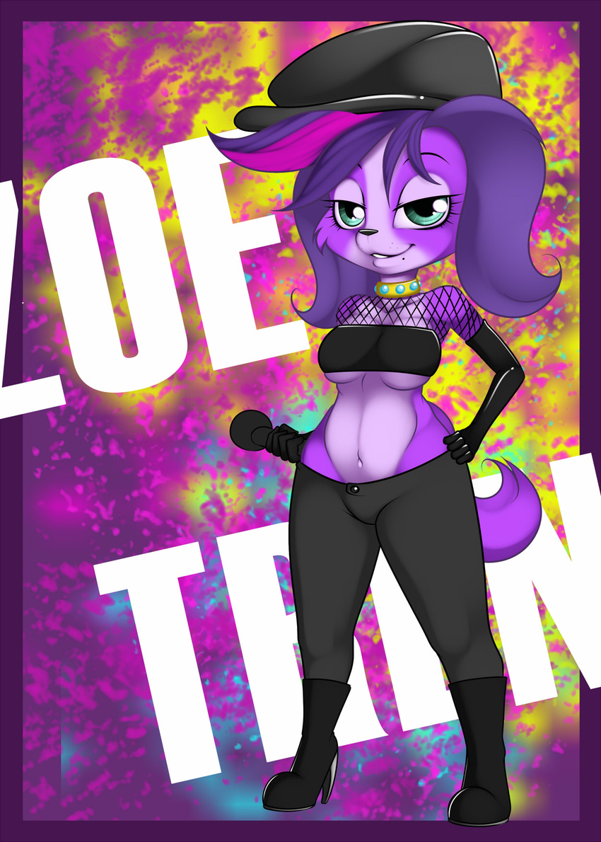 anthro anthrofied beauty_mark boots canine clothing collar dog elbow_gloves female fishnet fur gloves gold green_eyes hair half-closed_eyes hat kloudmutt littlest_pet_shop mammal microphone navel purple_fur purple_hair solo standing zoe_trent