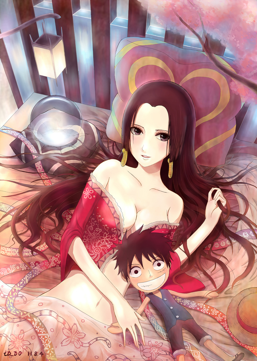 1girl absurdres amazon bare_shoulders black_hair boa_hancock breasts character_doll doll hat highres id_d0 lying midriff monkey_d_luffy navel one_piece purple_eyes shichibukai solo stuffed_toy