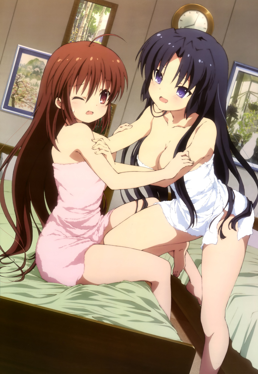 absurdres anno_masato black_hair blue_eyes breasts brown_hair cleavage highres kurugaya_yuiko little_busters! long_hair medium_breasts multiple_girls naked_towel natsume_rin nyantype official_art one_eye_closed red_eyes scan towel very_long_hair