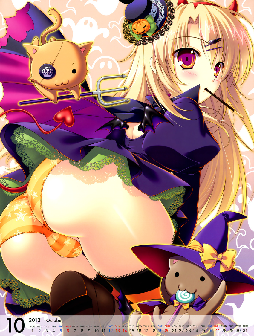 2013 :3 absurdres ass bat_hair_ornament bat_wings blonde_hair calendar_(medium) candy cape cat copyright_request demon_tail dress eyepatch food hair_ornament hat highres huge_filesize lollipop long_hair mikeou mini_hat mini_top_hat mouth_hold october orange_panties panties pitchfork pocky polearm purple_eyes striped striped_legwear striped_panties swirl_lollipop tail thighhighs top_hat trident underwear weapon wings witch_hat yellow_panties